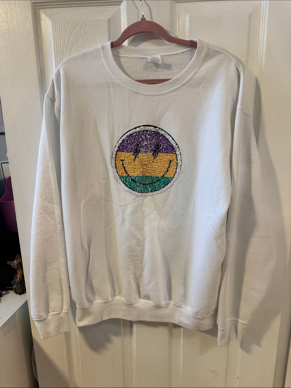 White Women's Crewneck Sweater with Sequin Smiley